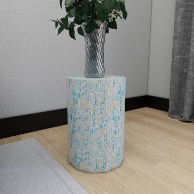 Elegant Blue Mother of Pearl 13" Round Wood Accent Table