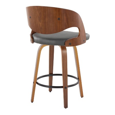 Walnut and Gray Faux Leather Swivel Counter Stools, Set of 2