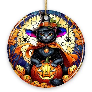 Enchanted Cat Witch Stained Glass Style Ceramic Ornament, Halloween Themed Christmas Gift and Decor| OrnamentallyYou - 1 of 4