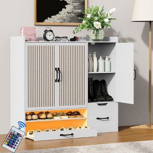 Multi-functional Shoe Cabinet with Stool, Wooden Shoe Storage Organizer with Retractable Toe-kick Drawer, Freestanding Shoe Rack for Hallway - 1 of 4