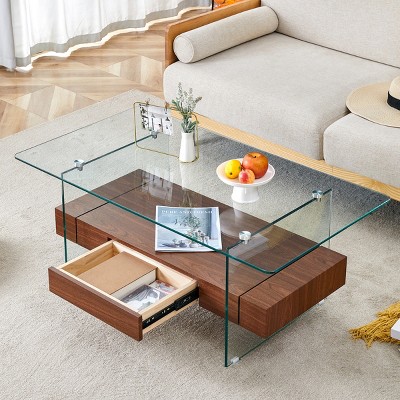 FURNIinspire Coffee Tables 43.3 Inch Modern Coffee Table, Living Room Furniture, Glass Tabletop Rectangular Sofa Table, Brown, 41.3"*23.6"*16.7"