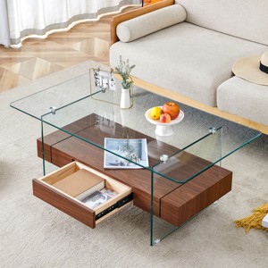FURNIinspire Coffee Tables 43.3 Inch Modern Coffee Table, Living Room Furniture, Glass Tabletop Rectangular Sofa Table, Brown, 41.3"*23.6"*16.7" - 1 of 4