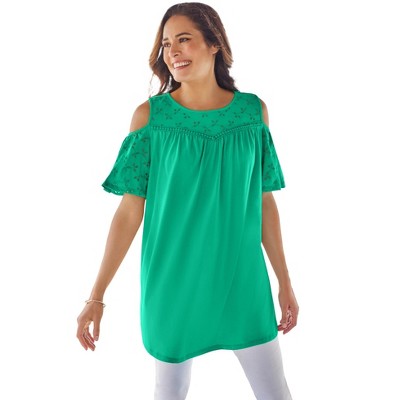 Woman Within Women's Plus Size Eyelet Cold-Shoulder Tunic