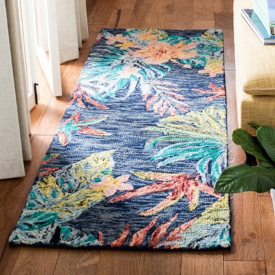 Handmade Tufted Blue Floral Wool Runner Rug - Easy Care 27in x 7in