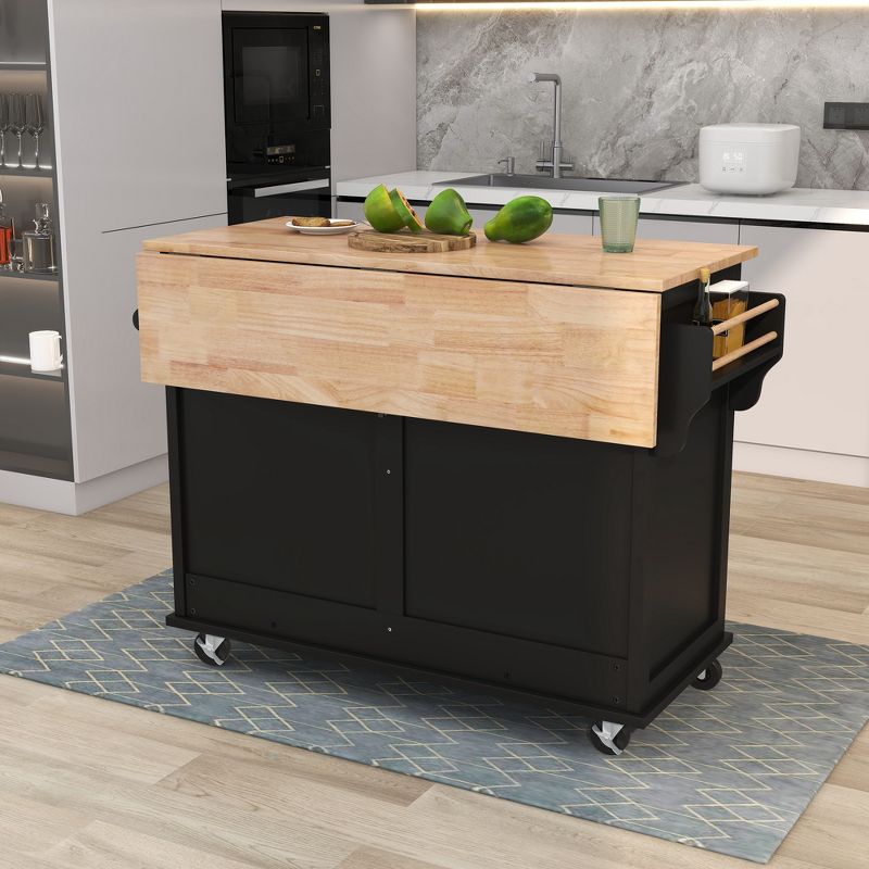 Drop-Leaf Countertop Kitchen Island, Kitchen Cart with Concealed Sliding Barn Door, Adjustable Shelf, 4 Wheels and 2 Drawers-ModernLuxe, 2 of 14