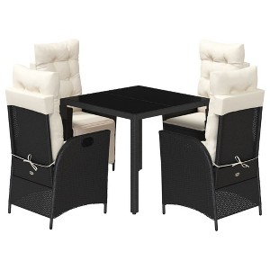 vidaXL 5 Piece Black Poly Rattan Patio Dining Set with Cushions - Adjustable Reclining Chairs and Tempered Glass Tabletop for Garden/Backyard/Patio - 1 of 4