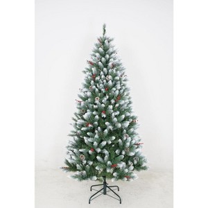 6ft Prelit Flocked Christmas Tree - 250 Warm White Lights & 800 Tips w/Pine Cones/Berries - Includes Stand - 1 of 1