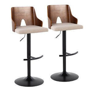 Contemporary Adjustable Swivel Barstool with Peek-A-Boo Wood Back, Armrests, and Rounded T Footrest for Kitchen or Home Bar, Set of 2 - 1 of 4