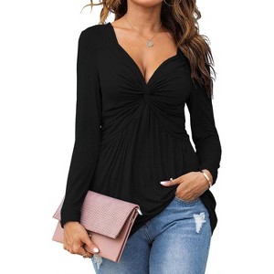 Imily Bela Chic Knot Front V Neck Blouse Long Sleeve Womens Top Elegant Everyday Pullover - 1 of 4