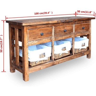 Rustic Reclaimed Wood Sideboard with Rattan Baskets, 39.4"