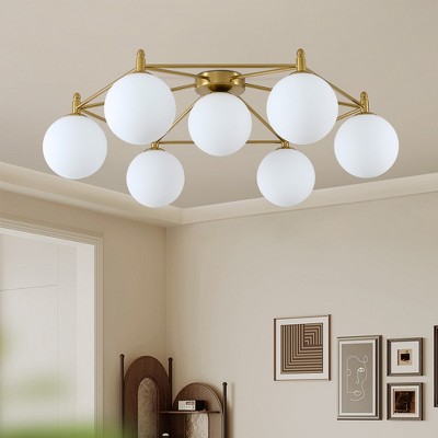 PAKOKULA Modern 7-Light Gold Sputnik Hexagon Semi-Flush Mount Ceiling Light with Opal Glass Shades