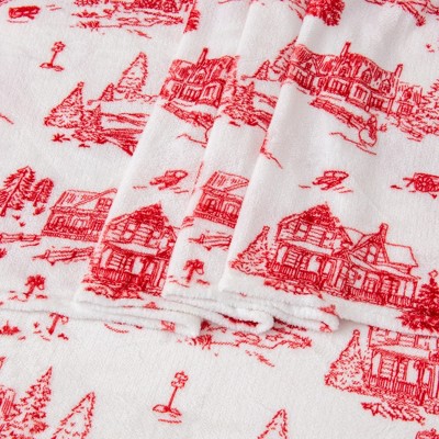 Full Red Snowtown Toile Print Velvet Plush Sheet Set