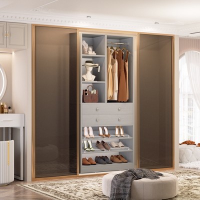 Aheaplus Closet Organizer System with Drawers and Adjustable Shelves, Freestanding Walk-in Wooden Closet