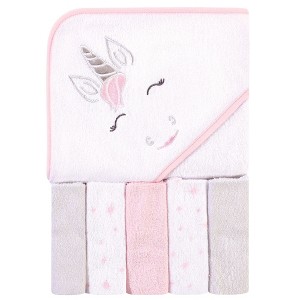 Hudson Baby Infant Girl Hooded Towel and Five Washcloths, Pink Unicorn, One Size - 1 of 2