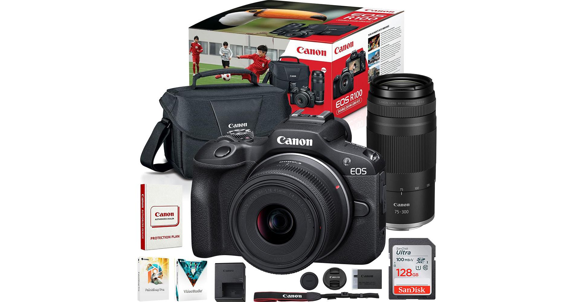 Canon EOS R100 Mirrorless Camera Double Zoom Lens Kit with RF-S 18-45mm & RF 75-300mm & 64GB Bundle