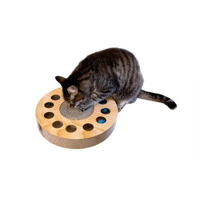 Round Tan Cardboard Cat Scratcher with Toy Balls