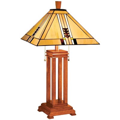 Robert Louis Tiffany Art Deco Table Lamp Oak Wood Stained Glass Shade for Living Room Family Bedroom Bedside Nightstand Office