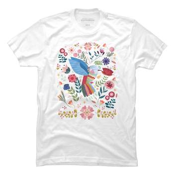 Men's Design By Humans Folk Art Inspired Hummingbird With A Flurry Of Flowers By LittleBunnySunshine T-Shirt