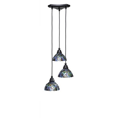 Toltec Lighting Europa 3 - Light Pendant in  Matte Black with 7" Blue Mosaic Art Glass Shade