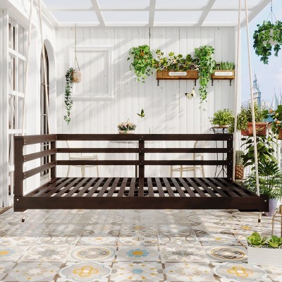 Twin Size Acacia Wood Garden Porch Swing Bed,Wooden Outdoor Patio Hammock Swing Chair with Ropes,2 Seater Hanging Garden Patio Chair-Coolbibila