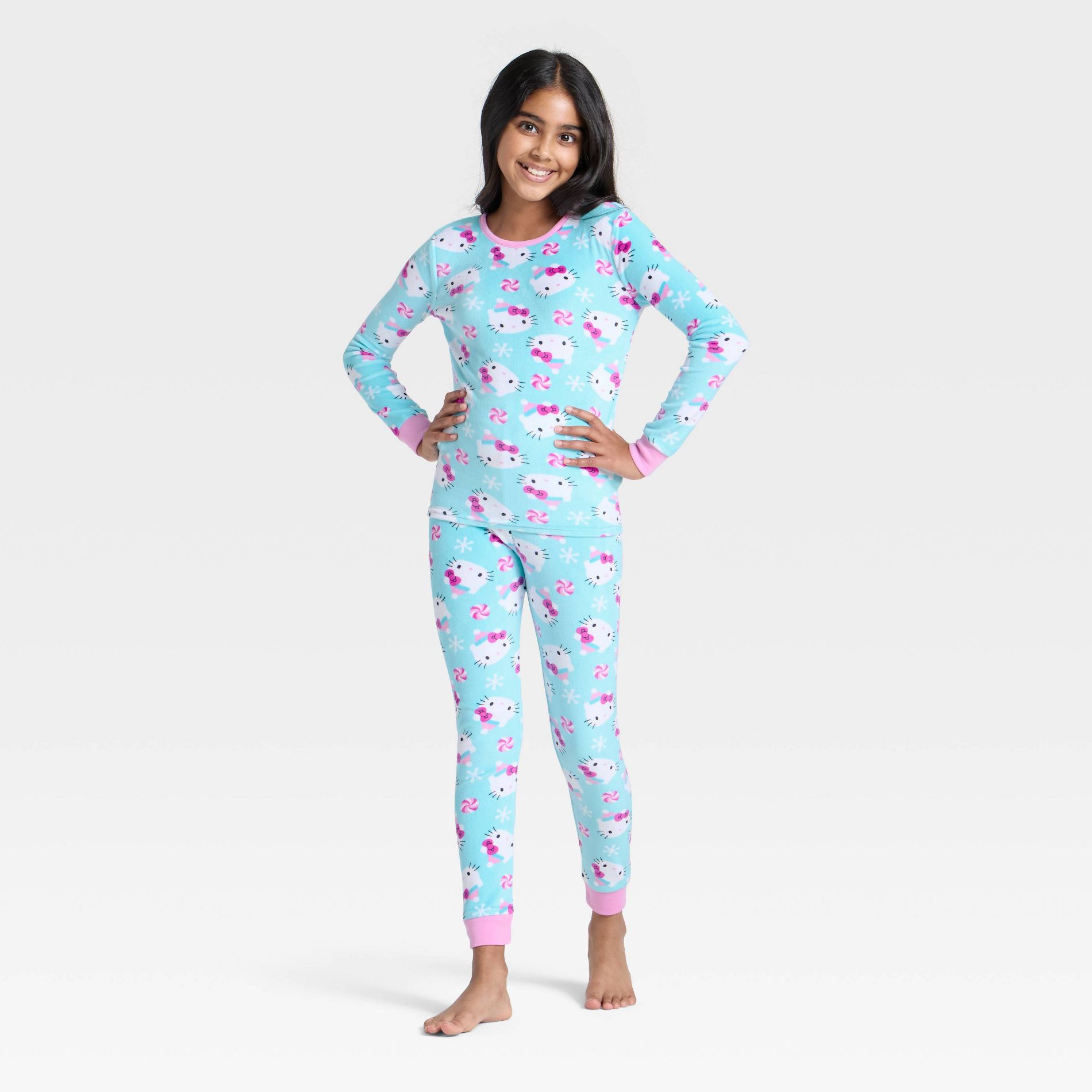 Girls' 2pc Hello Kitty Holiday Snuggly Soft Pajama Set - Aqua Blue