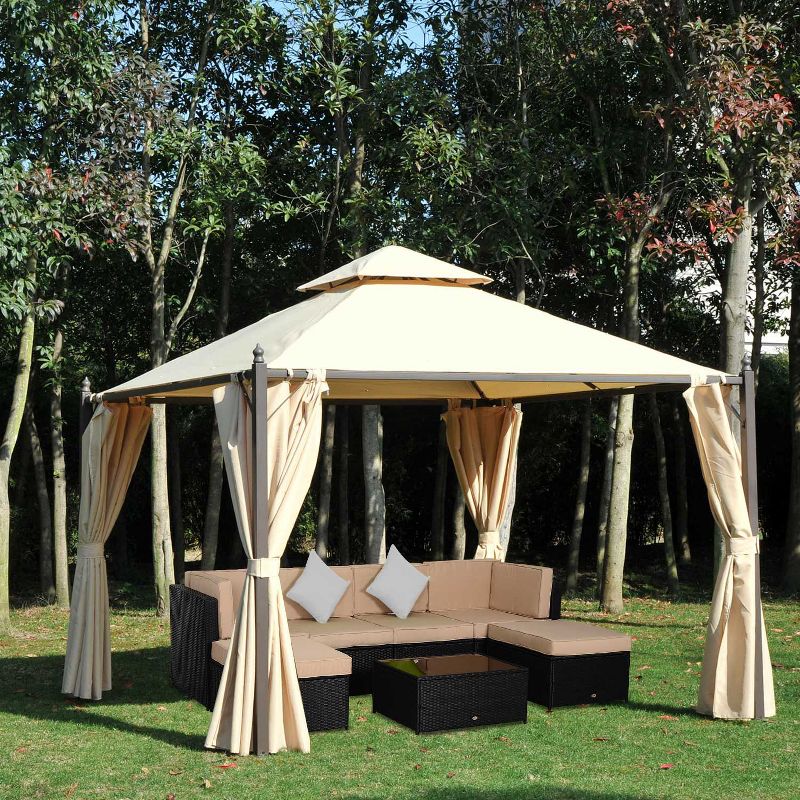 Outsunny 10' x 10' Outdoor Patio Gazebo Canopy with Polyester Privacy Curtains, Two-Tier Roof, Beige, 3 of 9