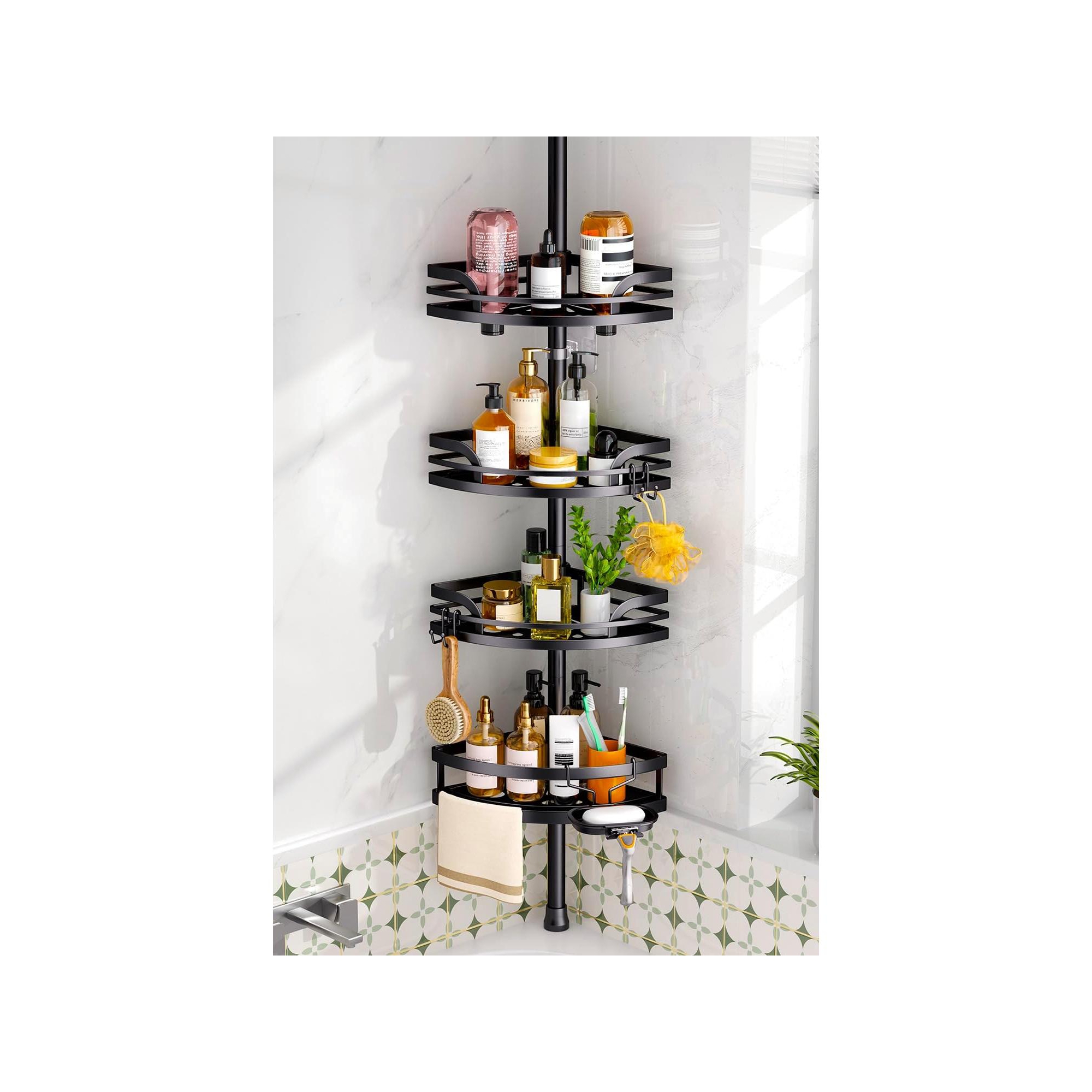 HAMITOR Shower Caddy Tension Pole：4-Tier Rustproof Bathroom Corner Shelf for Renters Adjustable Bathtub Organizer with Soap Holder large