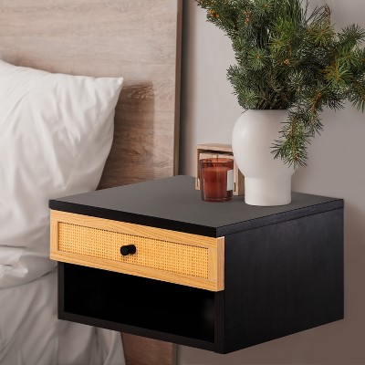 Celerie Black and Light Oak Floating Nightstand with Rattan Drawer
