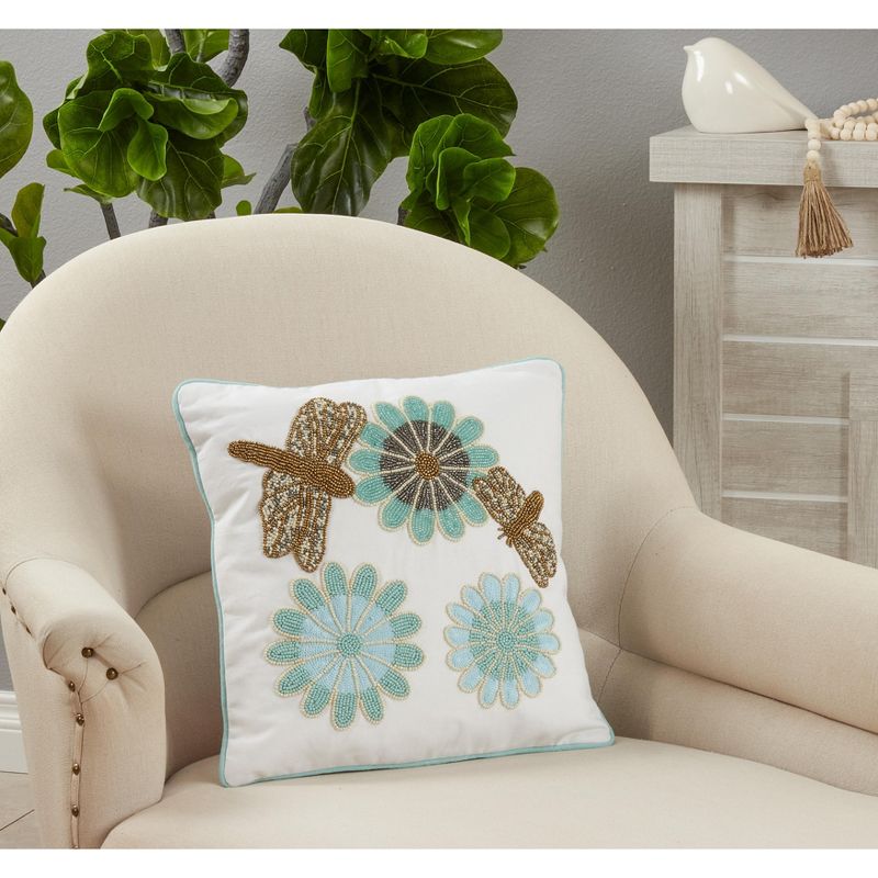 Saro Lifestyle Beaded Flower Pillow - Poly Filled, 16" Square, Blue, 3 of 4