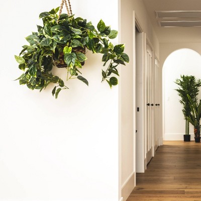 Lifelike Pothos Hanging Basket with Silk Leaves