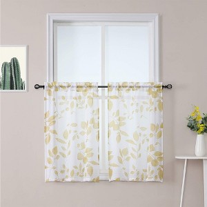 Leaf Printed Pattern Linen Textured Sheer Kitchen Curtains - 1 of 4