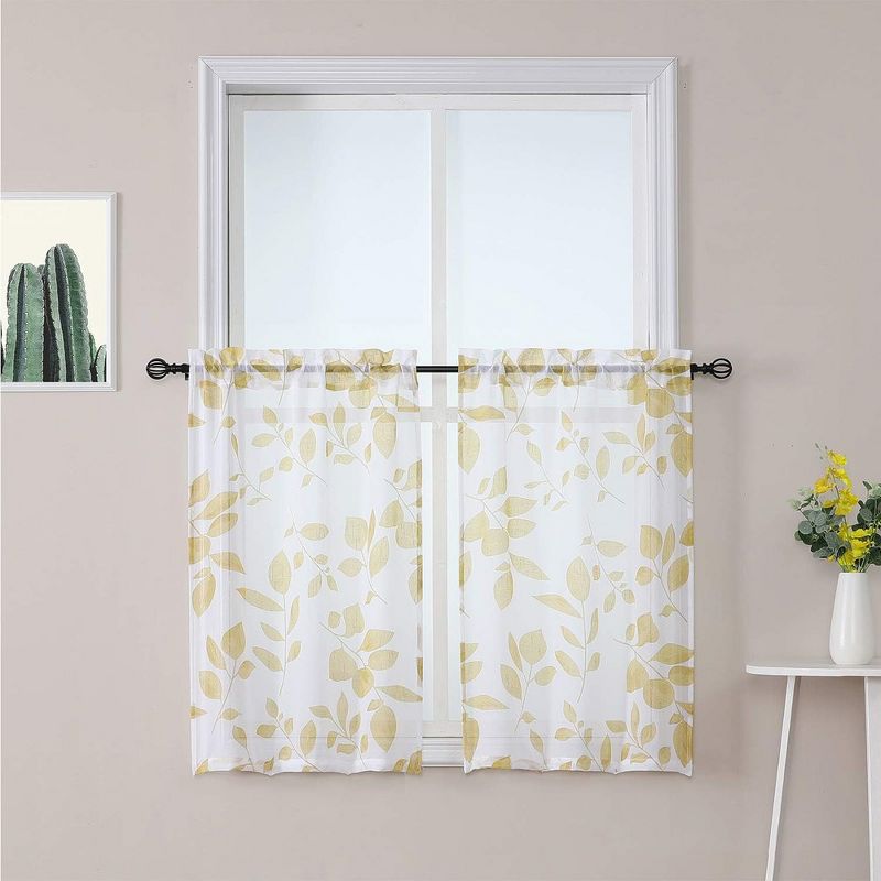 Leaf Printed Pattern Linen Textured Sheer Kitchen Curtains, 1 of 6
