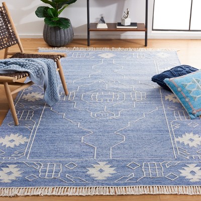 Blue and Ivory 6' x 9' Handmade Wool Kilim Area Rug