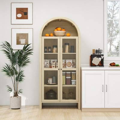 70.28 Inch Tall Arched Kitchen Pantry Cabinet with Glass Doors and Adjustable Shelves Modern Farmhouse Display Storage Cupboard-Maison Boucle