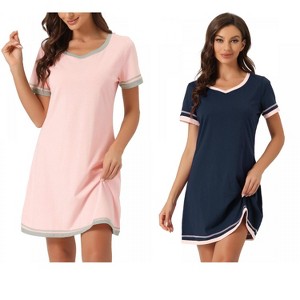 INSPIRE CHIC Women's 2 Pcs Short-Sleeve Nightshirt Color-Block V-Neck Sleepdress Set - 1 of 4