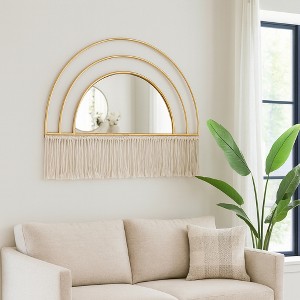 Boho-Chic Inspired Wall Mirror Decorative with Fringe Accent - Arched Wall Mirror for Bedroom, Bathroom, and Dorm Styling - 17", Gold - 1 of 4