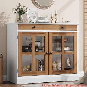 35.4 in Sideboard Buffet Cabinets w/ Glass Door, Buffet Cabinet w/ Storage, White&Brown Sideboard Cabinet w/ Drawer, Modern Buffets & Sideboards - 1 of 4
