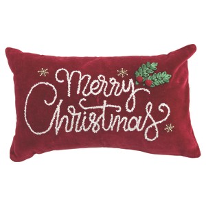 Storied Home "Merry Christmas" Cotton Velvet Lumbar Pillow, Burgundy, Green and White - 1 of 2