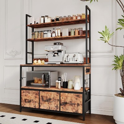Kitchen Bakers Rack with Power Outlet, 5-Tier Industrial Microwave Oven Stand with Storage Cabinet and 10 Hooks,Easy to Assemble