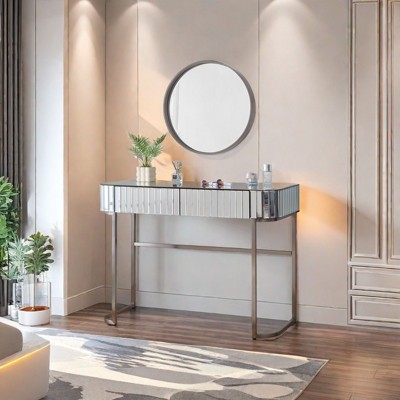 39"W Mirrored Makeup Vanity Desk Vanity Table Dressing Table Versatile Desk with 2 Drawers and Stainless Steel Base, Silver/Gray-ModernLuxe