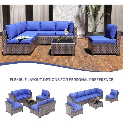 Patio Funiture Set 7 Pieces Outdoor Rattan with Detachable Soft Cushions Patio Conversation Sets Waterproof Patio Sectional Sofa