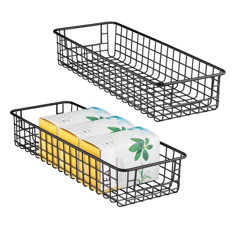 mDesign Metal Wire Food Organizer Shallow Basket, Handles - 2 Pack - Black, 16 x 6 x 3, 1 of 9