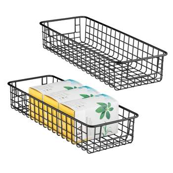 mDesign Metal Wire Food Organizer Shallow Basket, Handles - 2 Pack - Black, 16 x 6 x 3