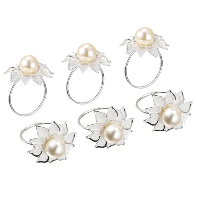 Unique Bargains Pearl Mesh Flower Metal Wear-Resistant Dining Table Decorative Napkin Rings 6 Pcs