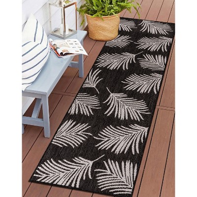Tropical Palm Leaves Black Synthetic Flatwoven Reversible Rug - 2'x7'