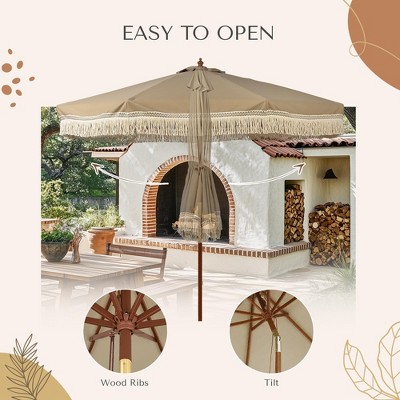 Mocha Brown 9' Patio Umbrella with Cotton Fringe and Wooden Frame