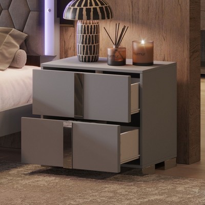 PAGED High Gloss Night Stand Modern Bedside Table Wooden Nightstand with 2 Storage Drawers for Bedroom