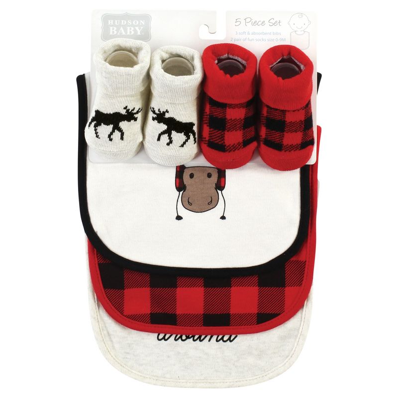 Hudson Baby Infant Boy Cotton Bib and Sock Set, Winter Moose, One Size, 2 of 6