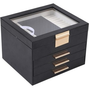3-Layer Jewelry Box with Clear Lid and 2 Drawers, Black Multi-Functional Organizer for Rings, Earrings, Necklaces - 1 of 4