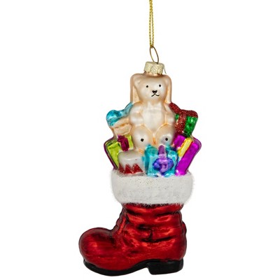 5" Shiny Red Glass Stocking Ornament with Presents